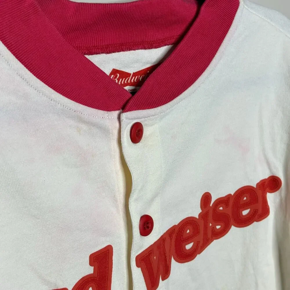 Budweiser White Red Button Up Baseball Short Sleeve Top Cotton USA Men Large L - Picture 4 of 14